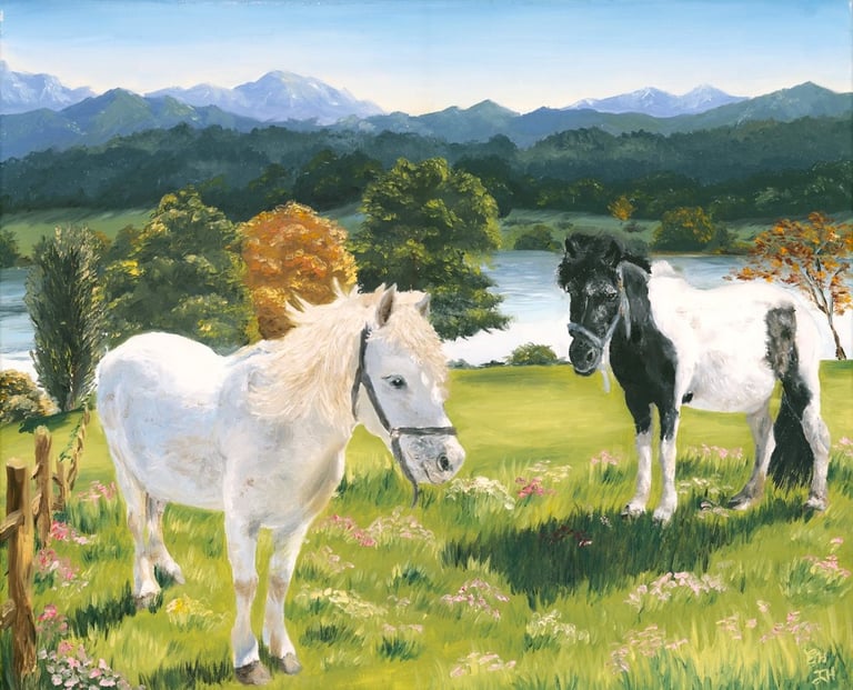 an oil painting of two horses, a white and black-white, in a lovely field with lake and mountains