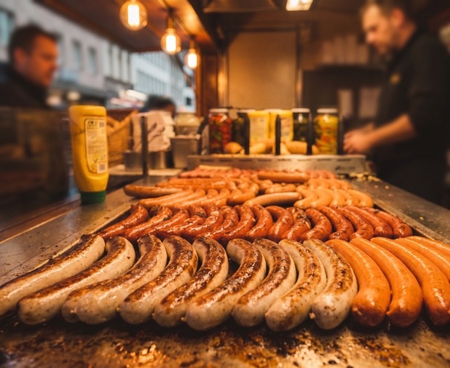 Variedad de salchichas asándose en la plancha de un puesto de mercado callejero en Viena
