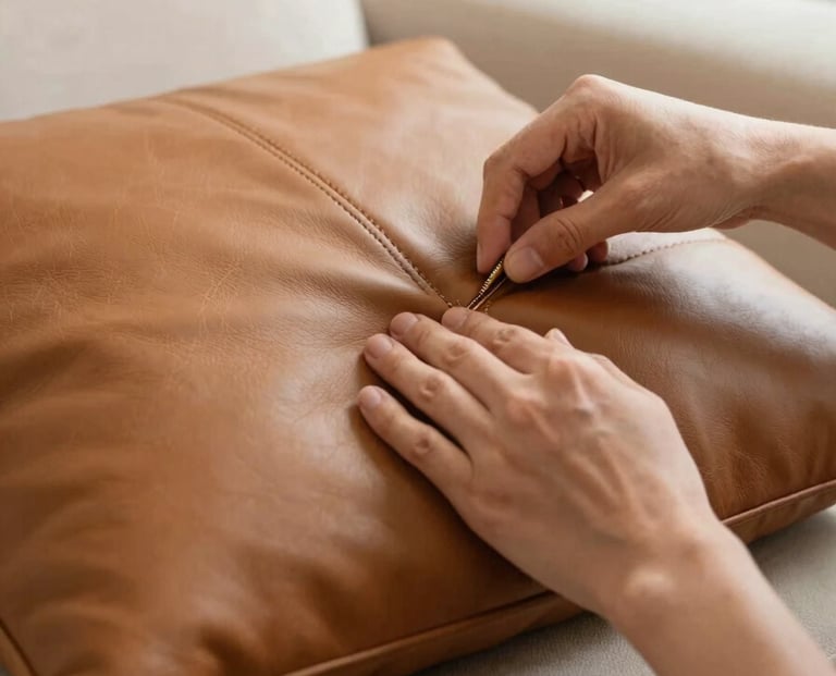 A high-detail photography close-up of a technician's hands expertly stitching a high-quality tan leather sofa cushion. The setting is a bright, upscale North American home. The lighting is soft and natural, emphasizing the professional craftsmanship and sophisticated texture of the materials.