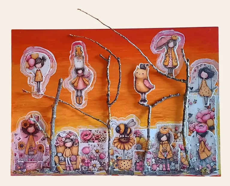 Regali artigianali bambini, quadro materico arancione con rami veri, gufo, ape e bimbi illustrati. - Guance Rosse