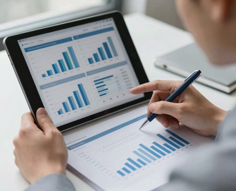 Hands analyzing physical ledgers alongside a modern tablet showing structured financial charts, natural window light, shallow depth of field