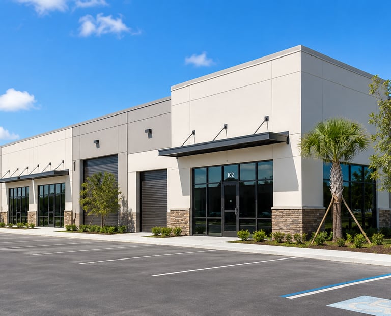 Modern commercial flex space building with office storefronts and industrial roll-up doors.
