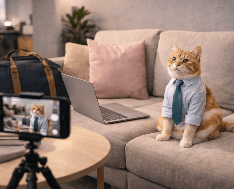 A cat wearing a shirt and a tie sitting on a sofa during a shoot