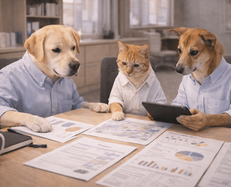 Two dogs and a cat wearing business shirts collaborate on data charts and a tablet in an office.