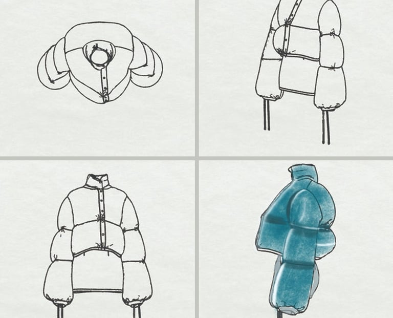 2D design views and render of futuristic puffer jacket by Cavity Studios fashion design team.