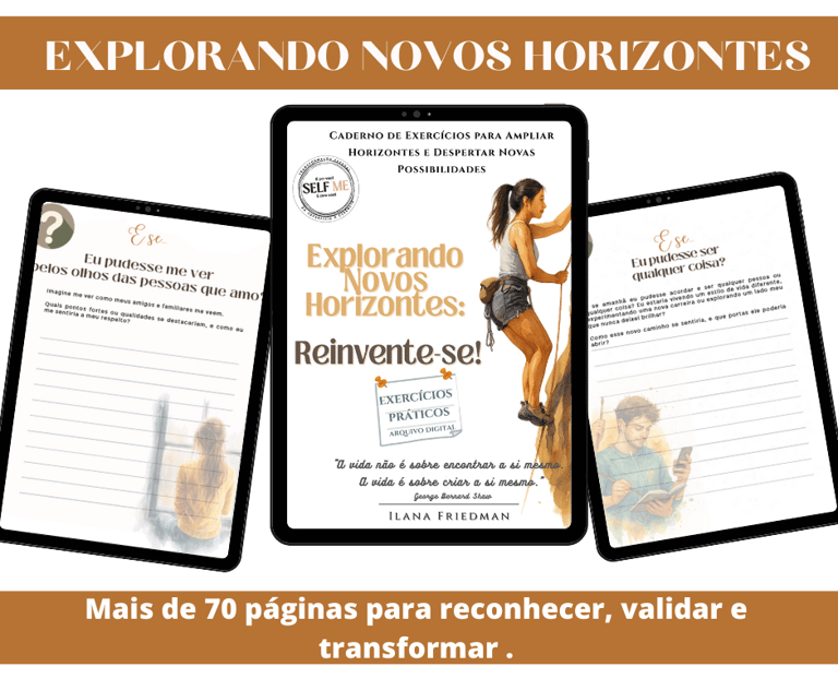 Caderno Digital Explorando Novos Horizontes da Self Me: capa e páginas internas exibidas em tablets,