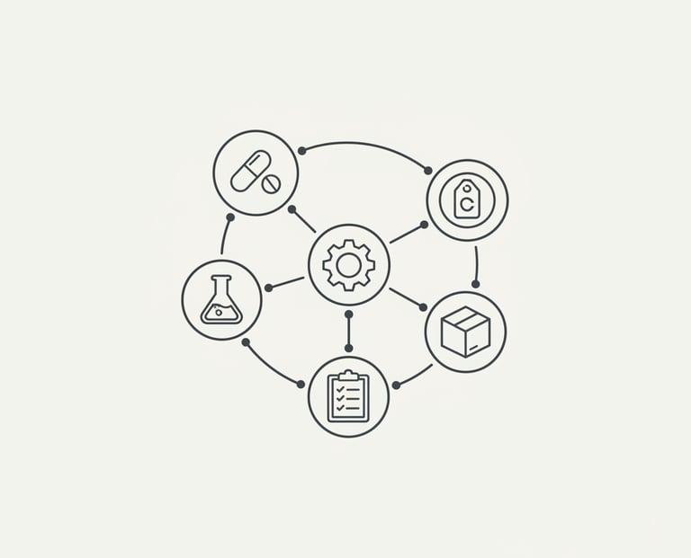 Minimalist vector icon illustrating Ancient Roots Global's custom formulation and white label manufa