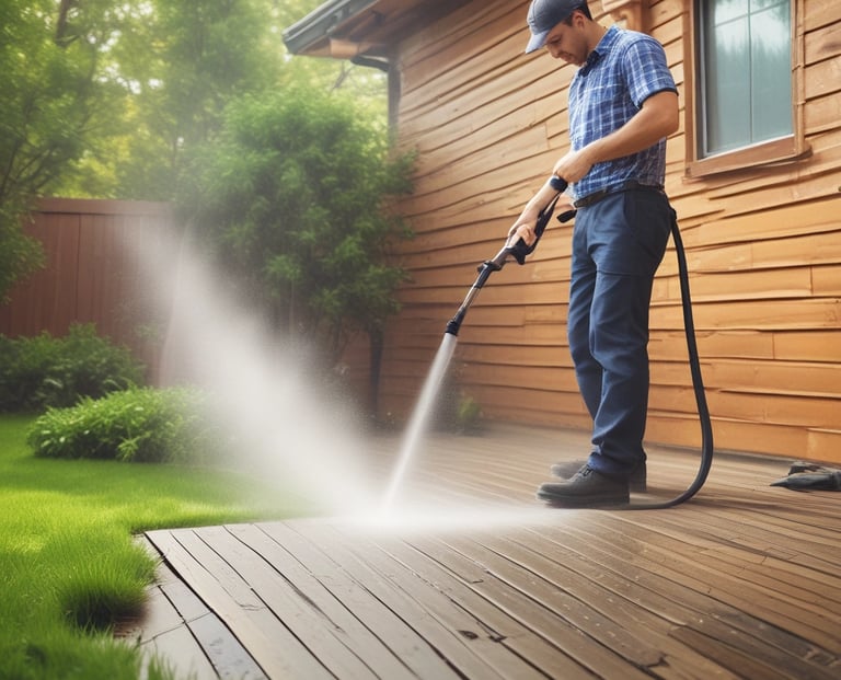 An outdoor car wash facility at night is illuminated by artificial lighting. In the foreground, there is a fuel dispenser station with multiple hoses and a payment terminal. The building has signage indicating 'Car Wash IN' with glowing letters. Cleaning equipment and supplies are visible on the right side. A person can be seen in the background setting up or handling cleaning materials.
