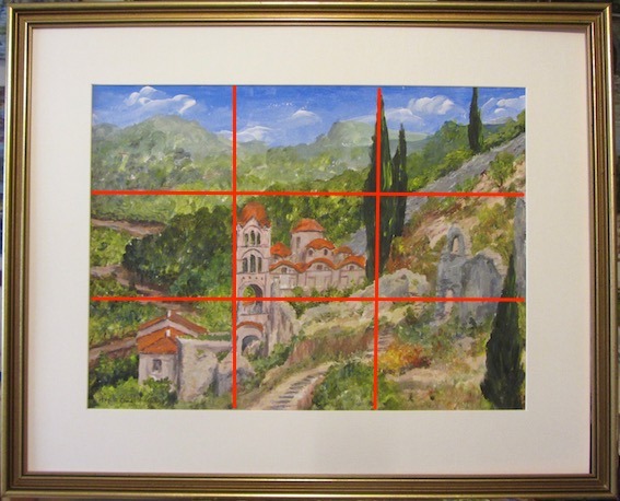 Acrylics painting by Angela Birchall of houses and ruins on a Greek hillside