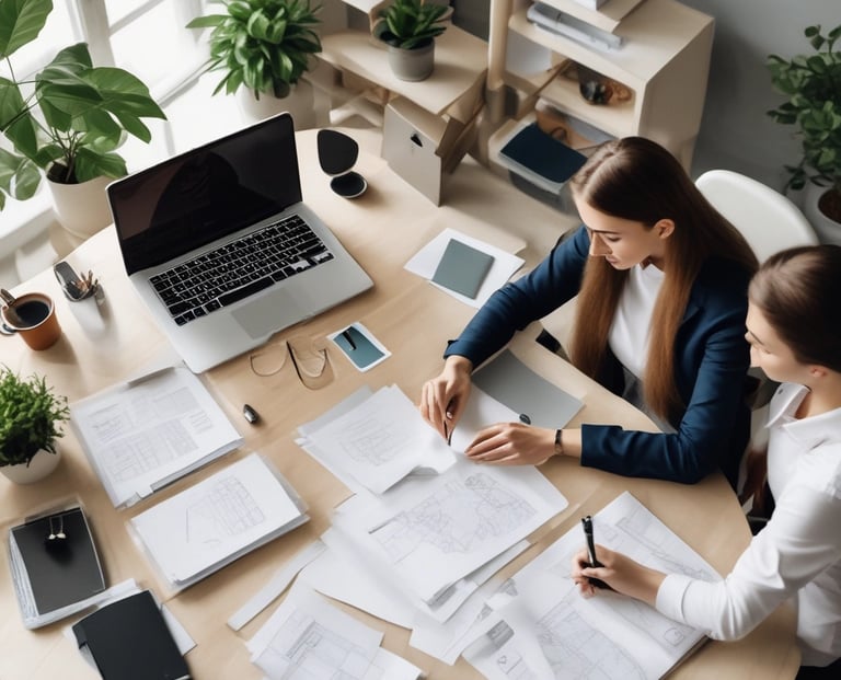 A friendly professional team working together in a modern office environment.