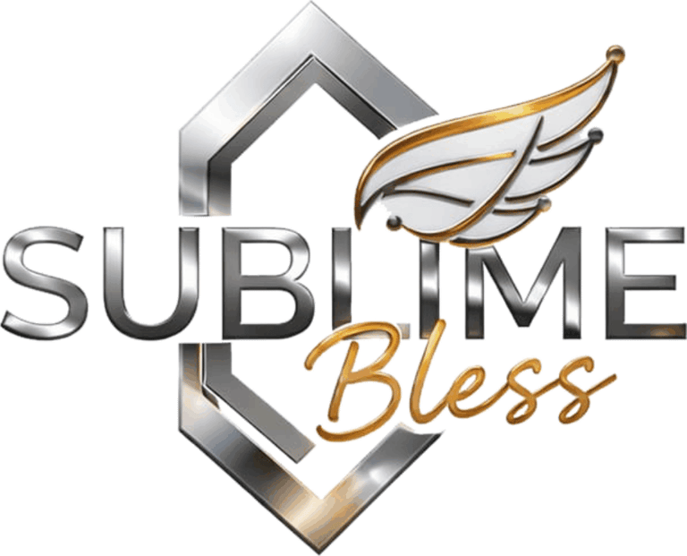 Sublime Bless logo featuring metallic silver typography with a gold wing icon and hexagonal border.