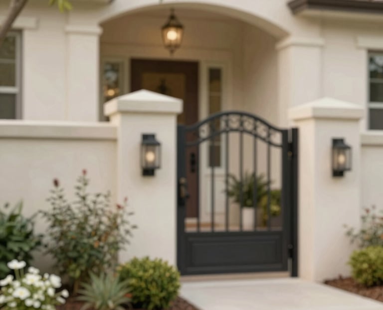 An elegant, close-up shot of a manicured residential entrance in an upscale Pflugerville neighborhood. The scene features lush Texas landscaping, professional lighting, and a hint of a modern wrought-iron gate (#1A1A1A). Clean, bright, and professional composition with warm neutral tones (#CFC8BE).