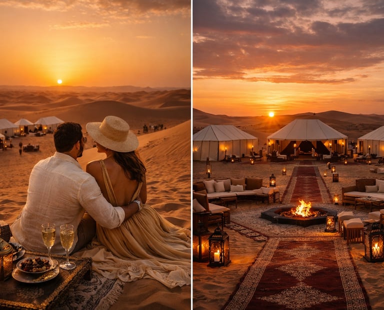 Casal brasileiro montado em camelos nas dunas do Deserto do Saara, pôr do sol.