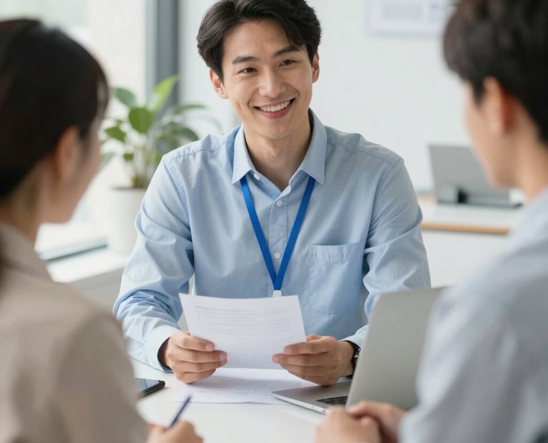 A friendly agent discussing health insurance options with a smiling client at a bright office.
