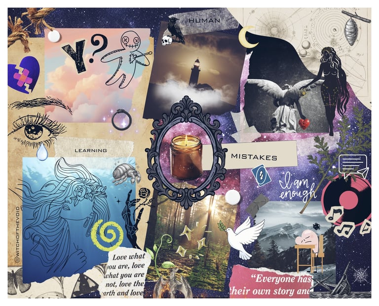 emotional collage, heartbreak, sadness, mistakes, learning, nature, regrowth, light, dark