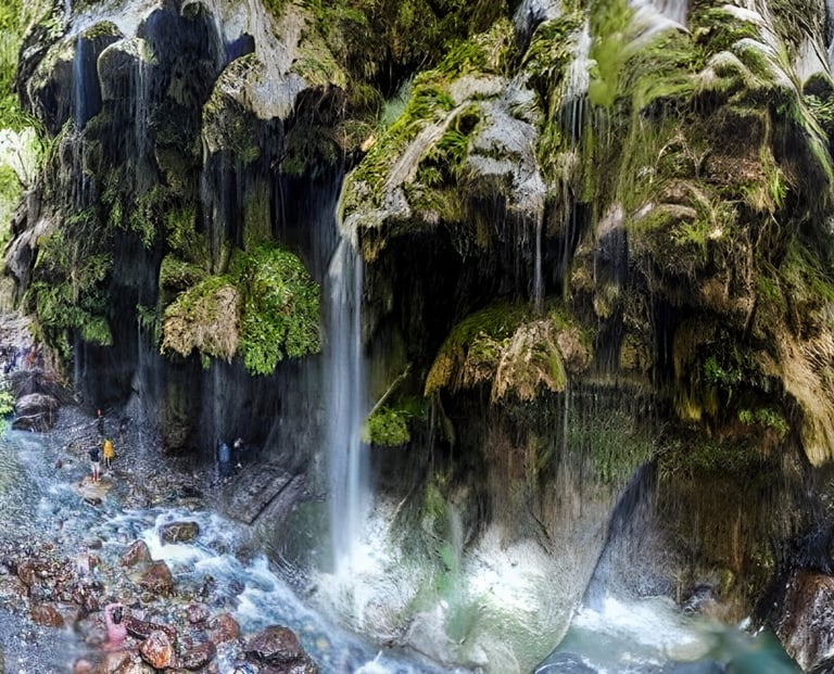 Umbrella waterfall in a canyon with a waterfall in the background