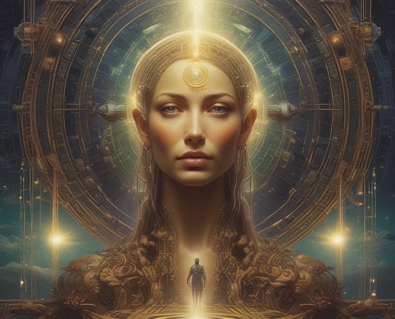 a woman with a golden halo on her head and a golden halo