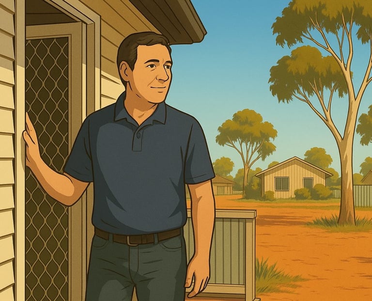 Italian-Australian man on veranda in Robinvale stepping outside calmly in bright morning light, gum trees and homes behind.