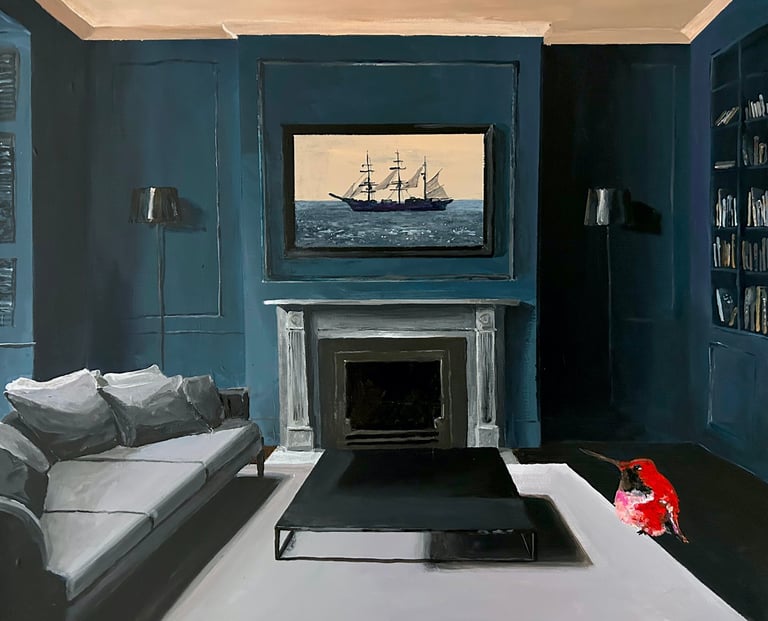 a painting of a living room with a couch and humming bird