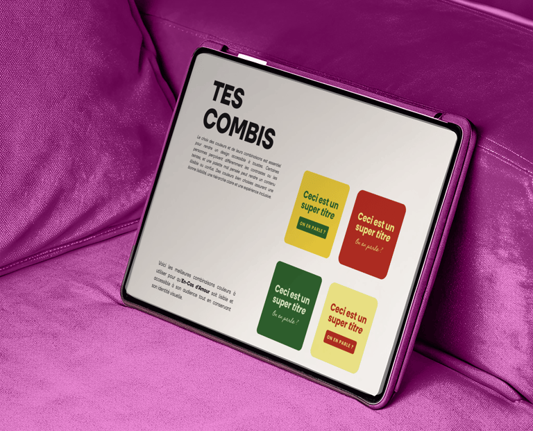 IPad présentant la page "Tes Combis" couleur du Brand Starter