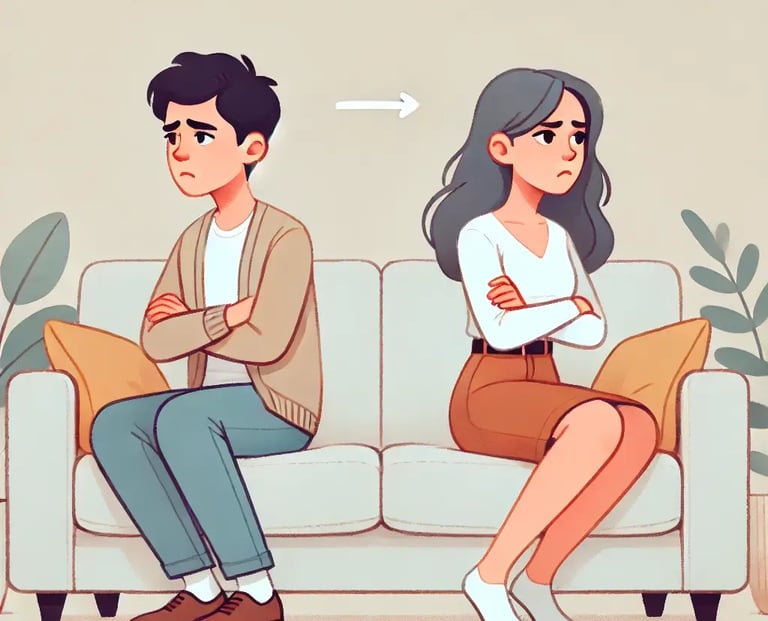 Cartoon illustration of a frustrated couple sitting apart on a couch, showing emotional distance and disconnection, represent