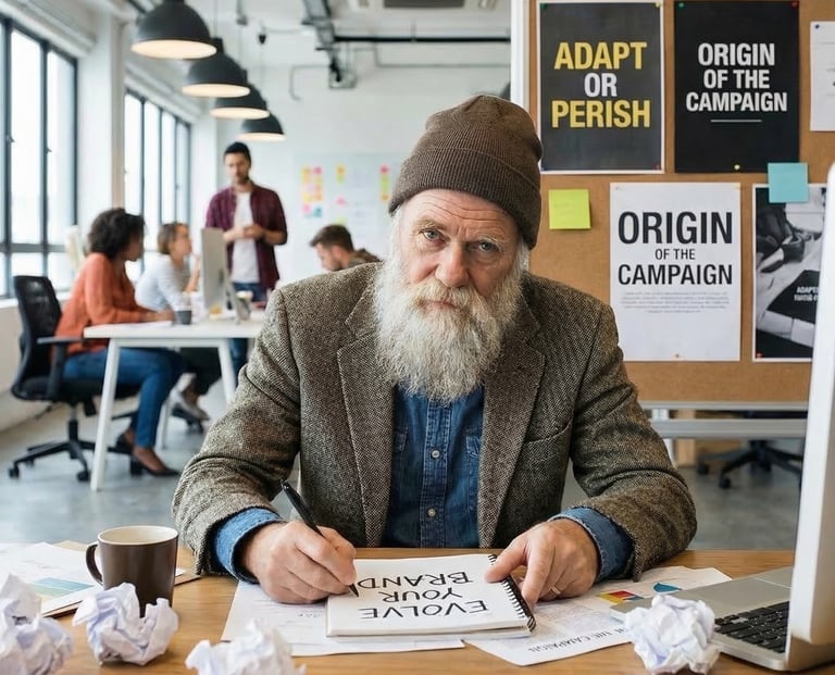 Darwin Senior branding consultant in a creative office writing Evolve Your Brand on a notepad.