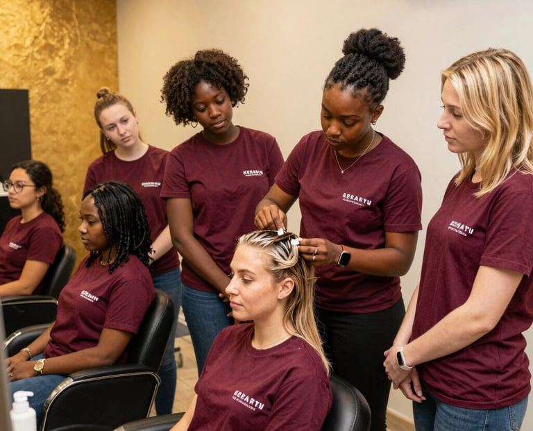 Hands applying luxurious skincare products during a professional training session.