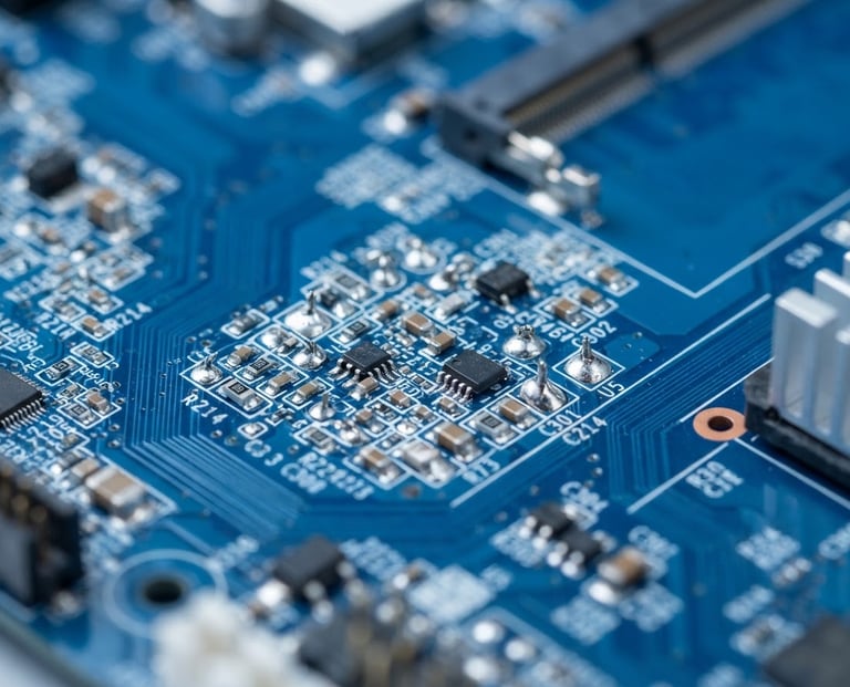 Crisp macro photography of a blue motherboard under cool studio light, metallic solder points in sharp focus, shallow depth of field.