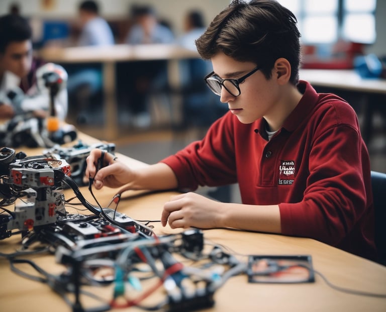 A cheerful child assembling a robotics kit at a bright, modern workspace.