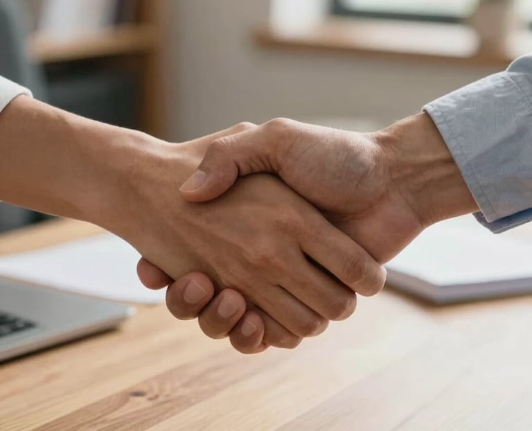 A professional close-up photograph of a handshake taking place over a clean wooden table in a bright North American home office, conveying trust and reliability, in soft natural lighting.