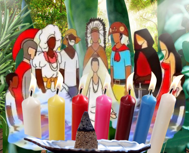 Ilustração que representa as 7 linhas da Umbanda, velas, ervas, incenso e cristais.