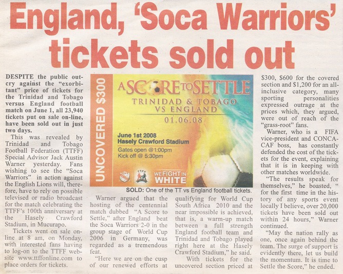 Newspaper article titled "England, Soca Warriors tickets sold out" describing high demand and ticket