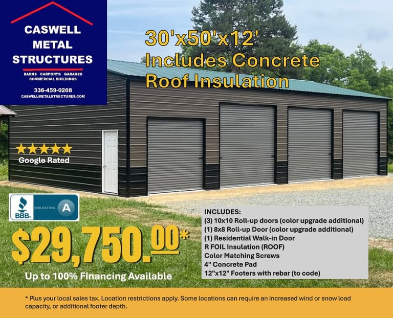 Custom 30x50 steel garage with three roll-up doors, concrete pad, and roof insulation.