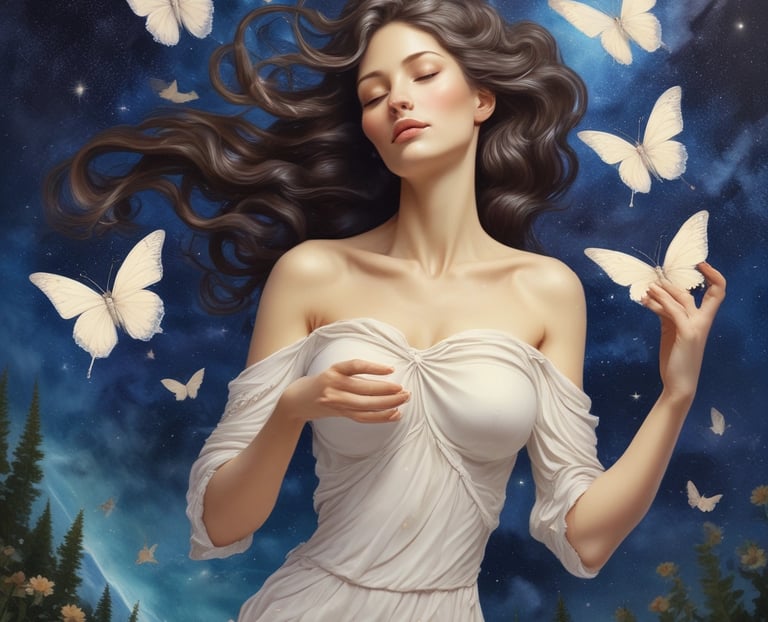 a woman in a white dress with butterflies