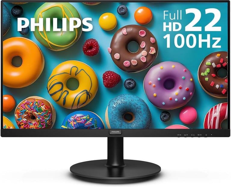 Philips 22-inch Full HD 100Hz computer monitor displaying a vibrant wallpaper of colorful glazed donuts.