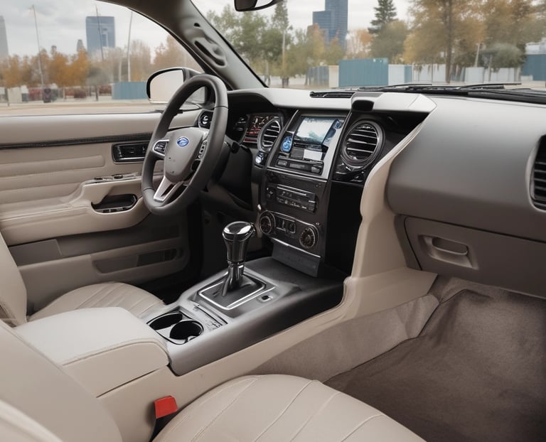 Close-up of a car interior with pristine upholstery and crystal-clear, water-repellent windows.