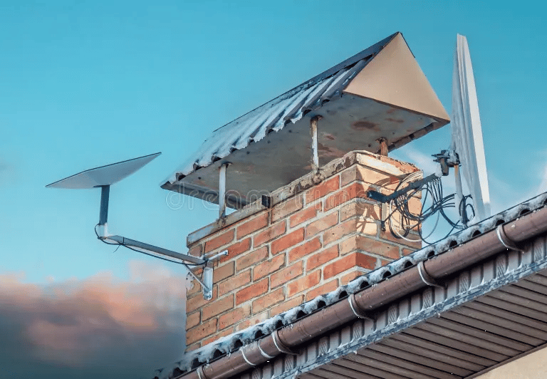 A Starlink satellite dish mounted on a brick chimney for high-speed residential internet.