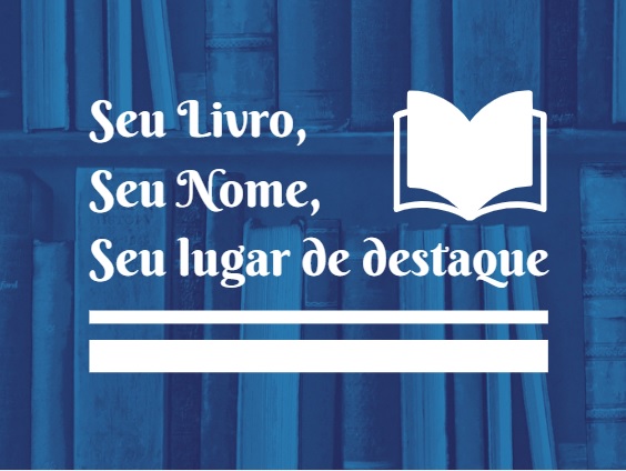 Blue library bookshelf background with white text promoting book publishing services in Portuguese.