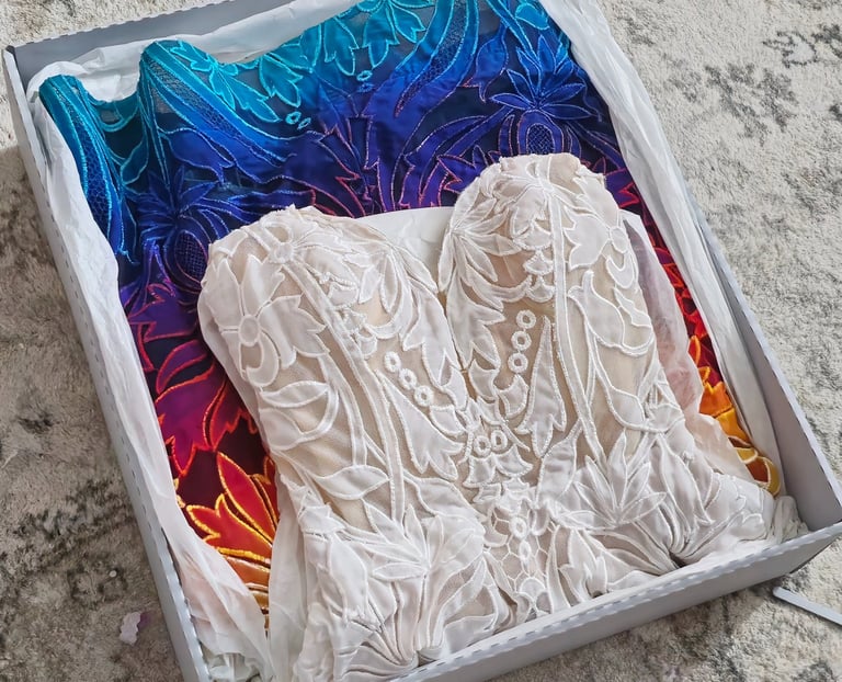 colorful wedding dress packed in archival box