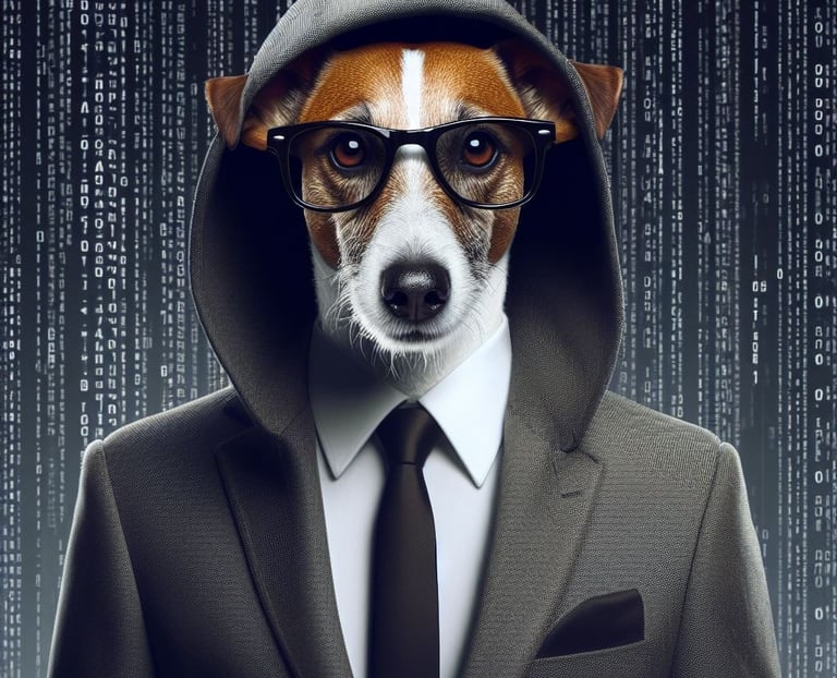 Jack Russell ID hacker investigador, de óculos, vestindo terno cinza com capuz e gravata preta