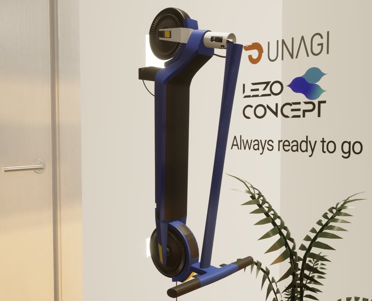 patinete electrico Unagi Model One Classic en un soporte de pared