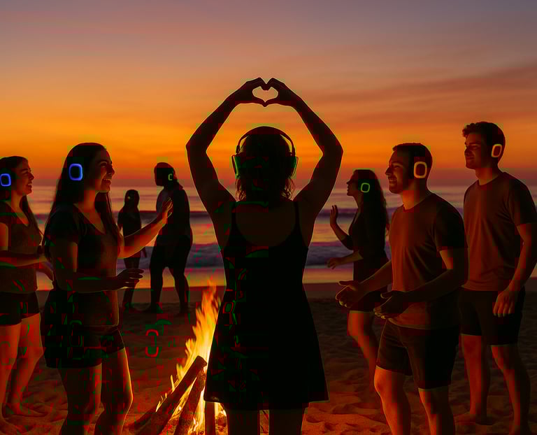 A group of people wearing headphones dancing by the beach as the sun sets