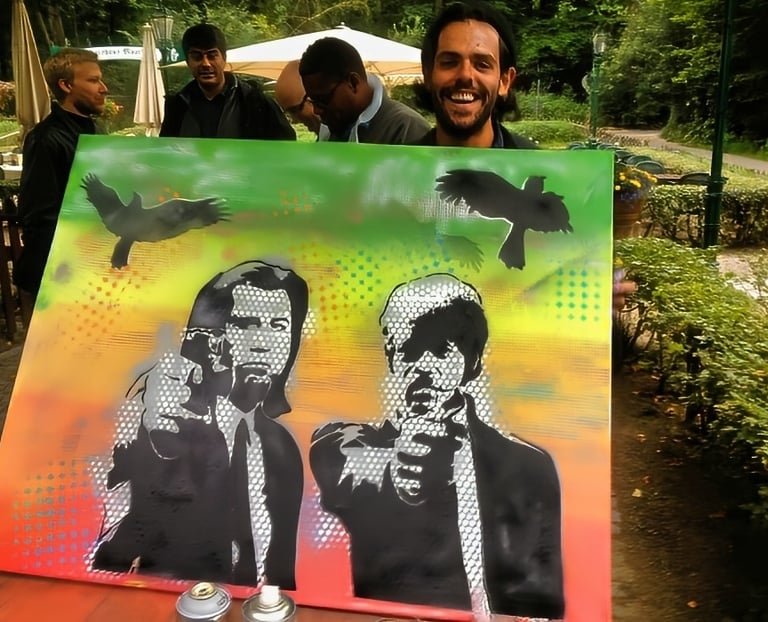 Graffiti workshop in Hamburg canvas artwork, group showing  stencil piece, Street Art Workshop mit Ergebnis