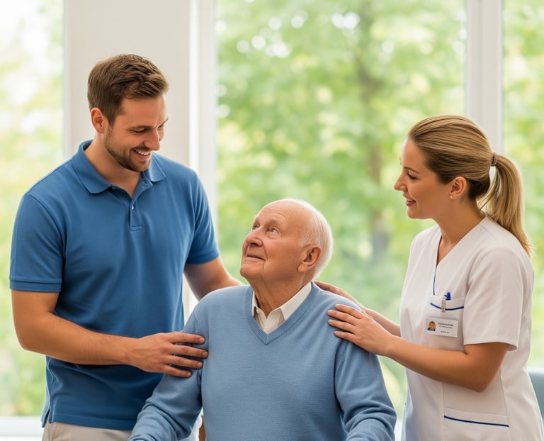 Two healthcare professionals provide support and care for an elderly man using a walker in a bright nursing facility.