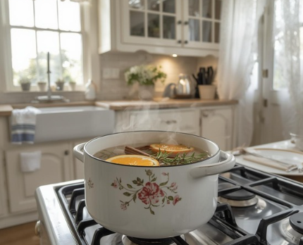 Floral simmer pot with oranges and cinnamon in a white shabby chic kitchen.