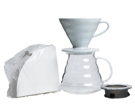 Hario V60 ceramic pour-over set with lead-free porcelain dripper and borosilicate glass server