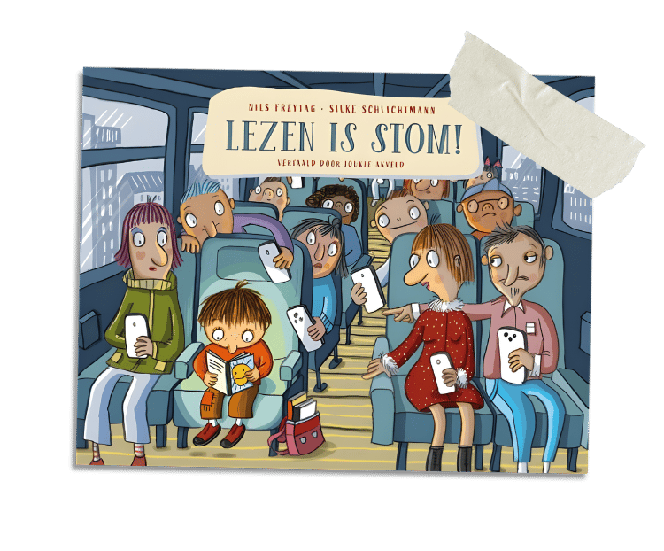 Illustration of passengers on a bus using smartphones while a boy reads the book Lezen is Stom.