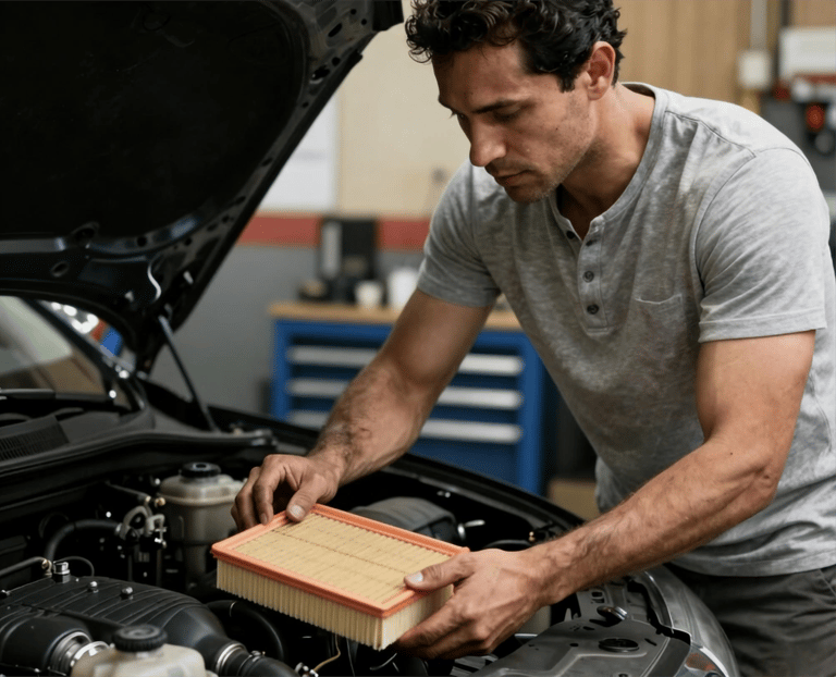 Professional technician installing ORGL passenger car air filter for engine protection