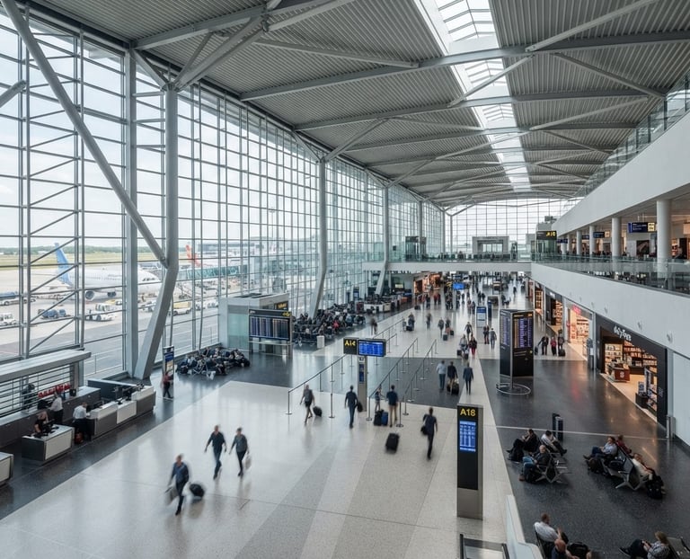 Fotografía arquitectónica de un aeropuerto moderno con luz natural brillante, líneas geométricas limpias, tonos fríos desaturados, mostrando escala y flujo humano ordenado.