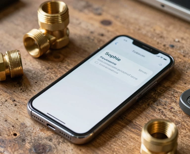 Tight shot of a smartphone lying on a dusty wooden workbench next to brass plumbing fittings, screen showing a clean SMS notification from Sophie with a Belgian postal code, warm natural daylight.